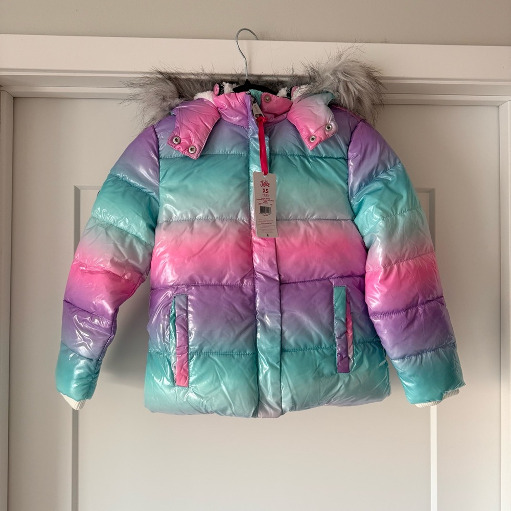 NWT-Girls Justice Sparkle Sherpa Classic Puffer Jacket Faux Fur Hood Sz 5/6 XS